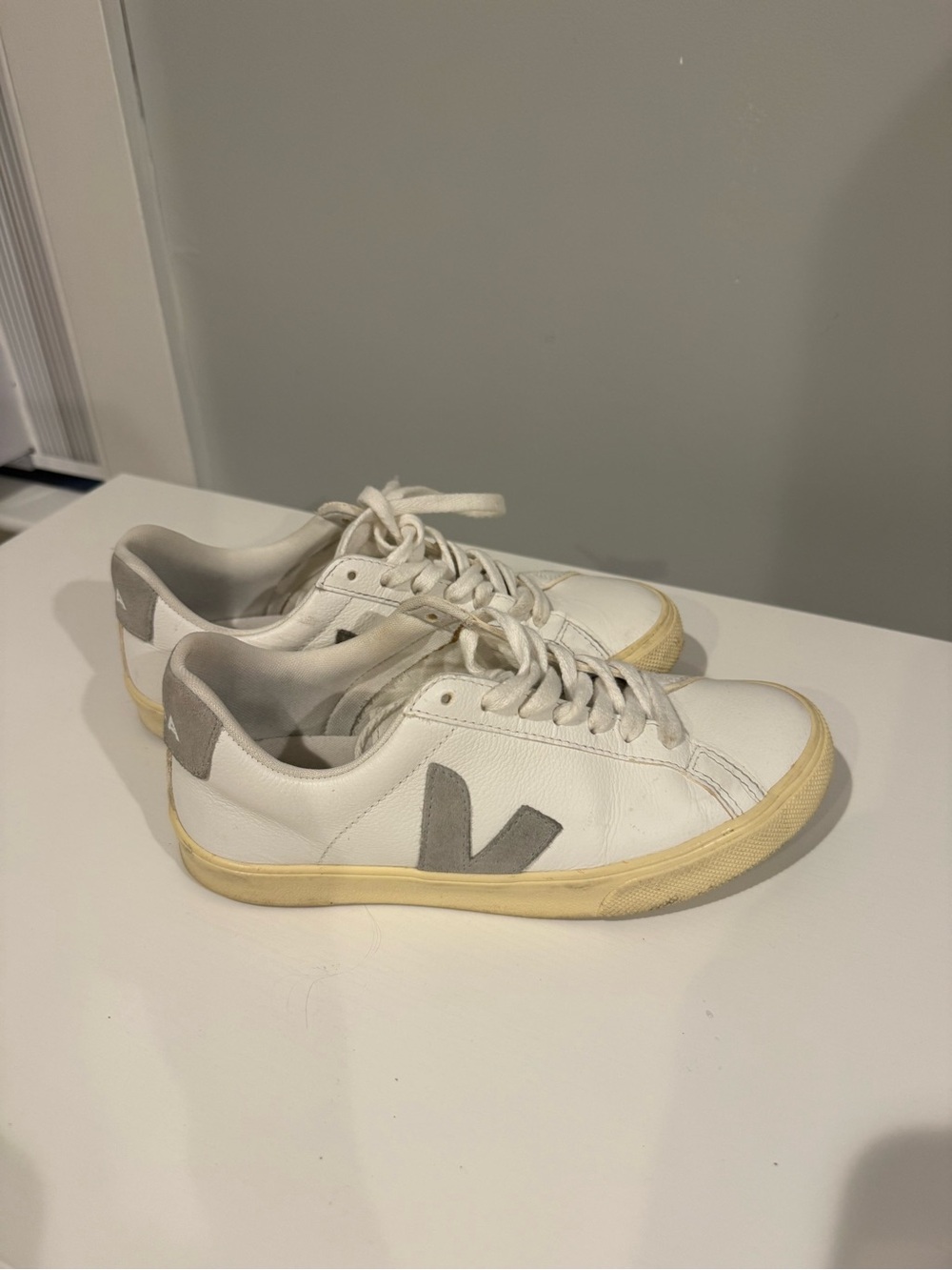 Veja White Leather Sneakers with Gray V Logo